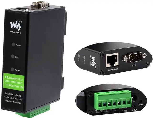 Main image of waveshare Industrial Isolated Rail-Mount RS232/485/422 Serial Server, RS232/485/422 to RJ45 Ethernet Module with POE, TCP/IP to Serial Converter, Modbus Gateway Support