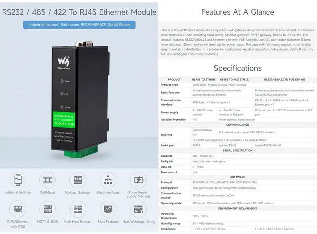 Alt view image 2 of 7 - waveshare Industrial Isolated Rail-Mount RS232/485/422 Serial Server, RS232/485/422 to RJ45 Ethernet Module with POE, TCP/IP to Serial Converter, Modbus Gateway Support
