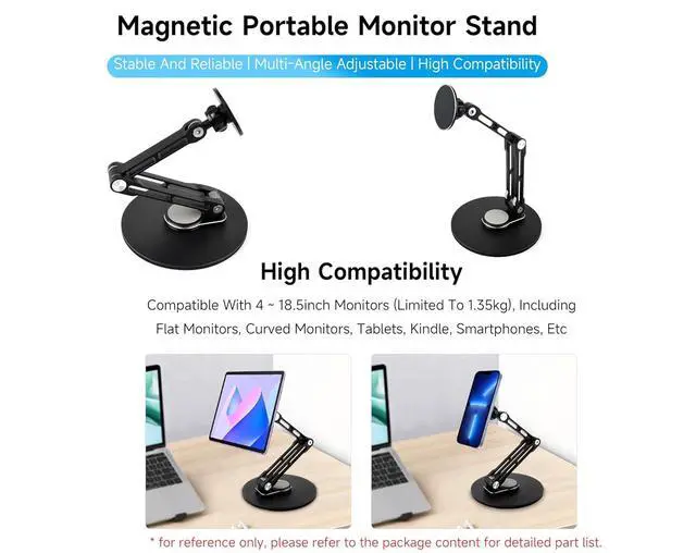 Alt view image 2 of 7 - Adjustable Portable Magnetic Monitor Stand,Compatible With 4~18.5inch Monitors, Supports Multi-axis 360 Degree Rotation, Comes With Magnetic Metal Rings, Foldable for Easy Storage
