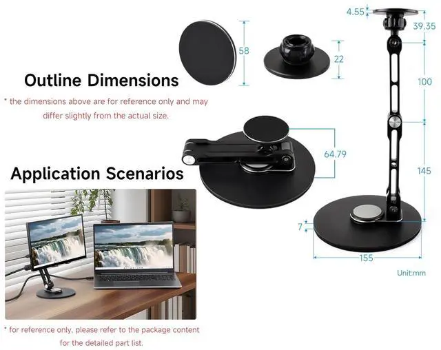 Alt view image 7 of 7 - Adjustable Portable Magnetic Monitor Stand,Compatible With 4~18.5inch Monitors, Supports Multi-axis 360 Degree Rotation, Comes With Magnetic Metal Rings, Foldable for Easy Storage