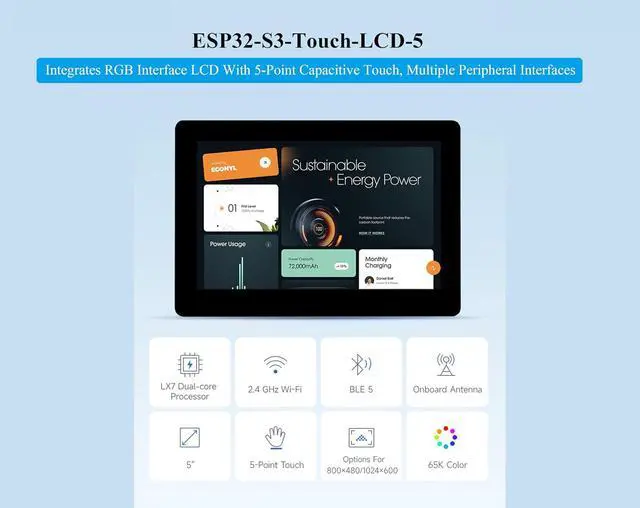 Alt view image 2 of 7 - ESP32-S3 5inch Capacitive Touch Screen Development Board, 5-Point Touch LCD Display, 1024 x 600 Pixel, 32-Bit LX7 Dual-Core Processor, Support W-i-F-i&B L E with Onboard Antenna (Upgraded Ver )