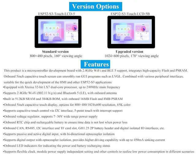 Alt view image 3 of 7 - ESP32-S3 5inch Capacitive Touch Screen Development Board, 5-Point Touch LCD Display, 1024 x 600 Pixel, 32-Bit LX7 Dual-Core Processor, Support W-i-F-i&B L E with Onboard Antenna (Upgraded Ver )