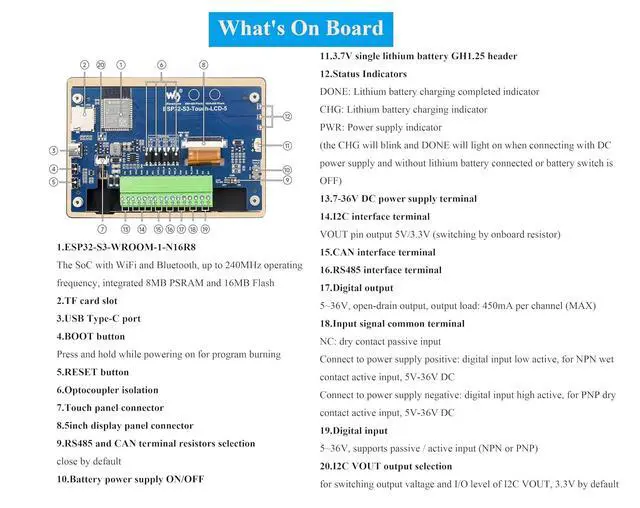 Alt view image 7 of 7 - ESP32-S3 5inch Capacitive Touch Screen Development Board, 5-Point Touch LCD Display, 1024 x 600 Pixel, 32-Bit LX7 Dual-Core Processor, Support W-i-F-i&B L E with Onboard Antenna (Upgraded Ver )