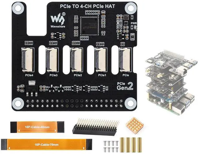 Main image of PCIe to 4-Ch PCIe FFC Adapter Board Compatible with Raspberry Pi 5, Expands PCIe Interface of Pi 5 to 4-Ch PCIe FFC Connectors, Supports Stacking Multiple PCIe Hats
