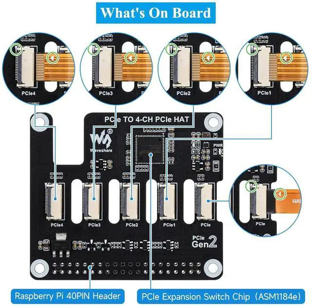 Alt view image 6 of 7 - PCIe to 4-Ch PCIe FFC Adapter Board Compatible with Raspberry Pi 5, Expands PCIe Interface of Pi 5 to 4-Ch PCIe FFC Connectors, Supports Stacking Multiple PCIe Hats