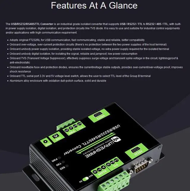 Alt view image 2 of 7 - waveshare Industrial Isolated Multi-Bus Converter, USB / RS232 / TTL to RS232 / 485 / TTL Adapter Converter with FT232RL Chip, Support Win7/8/8.1/10, Linux, Android, Wince, and so on