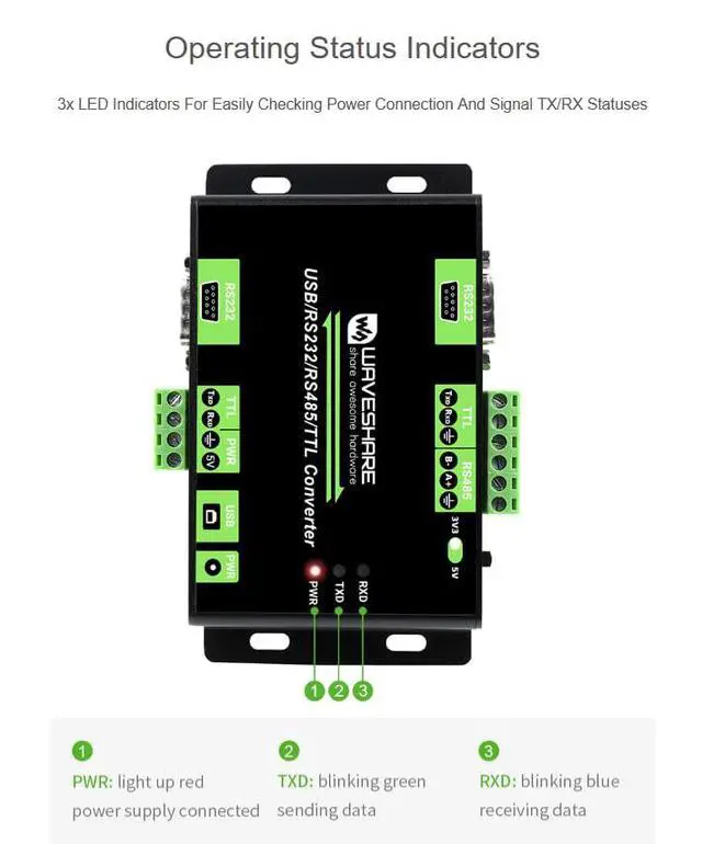 Alt view image 6 of 7 - waveshare Industrial Isolated Multi-Bus Converter, USB / RS232 / TTL to RS232 / 485 / TTL Adapter Converter with FT232RL Chip, Support Win7/8/8.1/10, Linux, Android, Wince, and so on