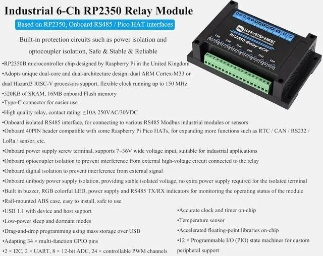 Alt view image 2 of 7 - Industrial 6-Channel RP2350 Relay Module, Onboard RS485/Pico HAT Interfaces, Compatible with Raspberry Pi Pico Hats, Expanding RTC/CAN / RS232 / LoRa/Sensor, RS485,etc. Multi Protection Circuits