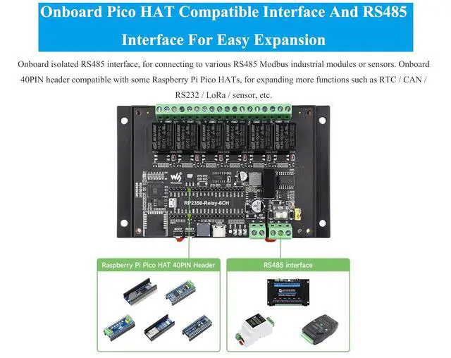 Alt view image 5 of 7 - Industrial 6-Channel RP2350 Relay Module, Onboard RS485/Pico HAT Interfaces, Compatible with Raspberry Pi Pico Hats, Expanding RTC/CAN / RS232 / LoRa/Sensor, RS485,etc. Multi Protection Circuits