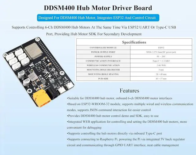 Alt view image 3 of 7 - Direct Drive Servo Motor Driver Board, Integrate ESP32 and Control Circuit, Support 2.4G W-i-F-i, Support Control 6-CH DDSM400 Hub Motors via ESP32 UART or Type-C, Compatible with Raspberry Pi 5/4B