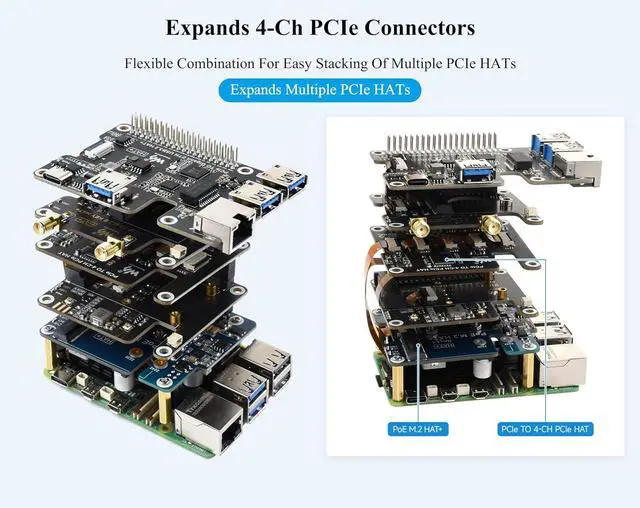 Alt view image 4 of 7 - PCIe to 4-Ch PCIe FFC Adapter Board Compatible with Raspberry Pi 5, Expands PCIe Interface of Pi 5 to 4-Ch PCIe FFC Connectors, Supports Stacking Multiple PCIe Hats