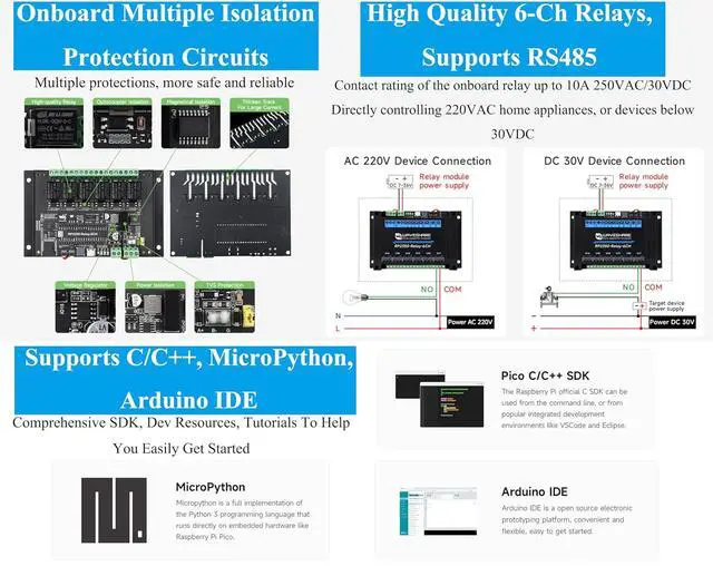 Alt view image 4 of 7 - Industrial 6-Channel RP2350 Relay Module, Onboard RS485/Pico HAT Interfaces, Compatible with Raspberry Pi Pico Hats, Expanding RTC/CAN / RS232 / LoRa/Sensor, RS485,etc. Multi Protection Circuits