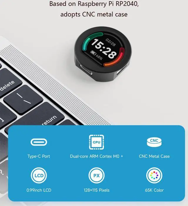 Alt view image 2 of 7 - RP2040 MCU Microcontroller Development Board with 0.99inch Round LCD 128×115 Pixels IPS LCD Display, Accelerometer and Gyroscope Sensor, Type-C Interface, Adopts CNC Metal Case