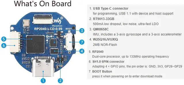 Alt view image 5 of 7 - RP2040 MCU Microcontroller Development Board with 0.99inch Round LCD 128×115 Pixels IPS LCD Display, Accelerometer and Gyroscope Sensor, Type-C Interface, Adopts CNC Metal Case