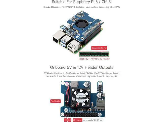 Alt view image 5 of 7 - Waveshare PoE HAT (F) Compatible with Raspberry Pi 5, High Power, Onboard Cooling Fan, with Metal Heatsink, Supports 802.3af/at Network Standard