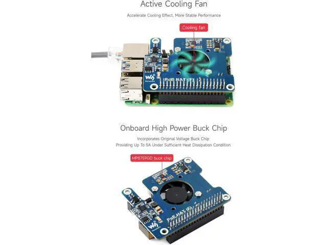 Alt view image 6 of 7 - Waveshare PoE HAT (F) Compatible with Raspberry Pi 5, High Power, Onboard Cooling Fan, with Metal Heatsink, Supports 802.3af/at Network Standard