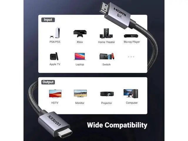 Alt view image 5 of 7 - UGREEN 8K HDMI 2.1 Cable 48Gbps 33FT, Ultra High Speed HDMI Cord Aluminum, 4K@240Hz 120Hz 10K 8K@60Hz, HDCP 2.2&2.3, eARC HDR 10 Dolby Compatible with PS5/Blu-ray/Roku TV/Switch 2/Mac mini