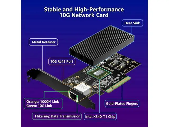 Alt view image 4 of 7 - 10G PCI-E Network Card Single RJ45 Port, 10G NIC with Inte X540-T1 Conrtoller, VIMIN 10Gb Base-T Ethernet Network Card Compatible with PCI Express X8, X16, Support Windows/Windows Server/Linux/VMware