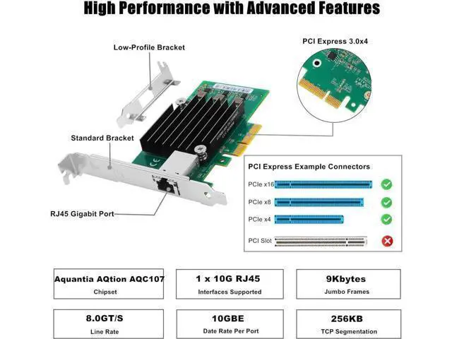 Alt view image 6 of 6 - 10Gb Network Card with Aquantia AQtion AQC107 Chip, 10GB/5GB/2.5GB/1000M PCIe Ethernet Adapter Single RJ45 Port Support Linux,Ubuntu,Windows, MAC OS