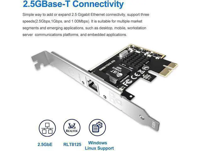 Alt view image 3 of 6 - 2.5GBase-T PCIe Network Adapter with 1 Port, 2500/1000/100Mbps PCI Express Gigabit Ethernet Card RJ45 LAN Controller Support Windows Server/Windows/Linux, Standard and Low-Profile Brackets Included