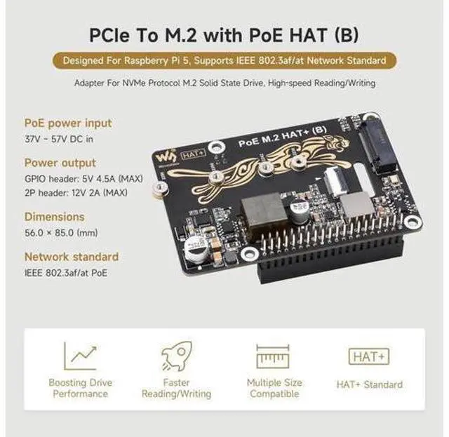 Alt view image 2 of 6 - PCIe to M.2 Adapter with PoE Function HAT+ (B), Compatible with Raspberry Pi 5, Supports POE NVMe Drive Protocol 2230/2242 / 2260/2280 M.2 Solid State Drive, High-Speed Reading/Writing