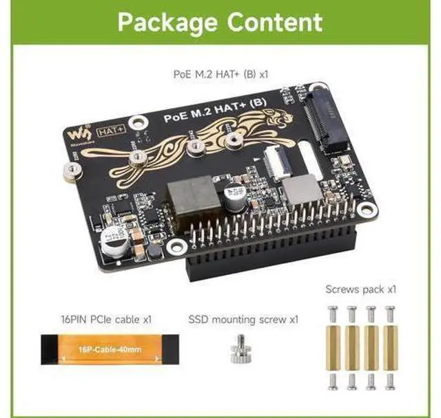 Alt view image 3 of 6 - PCIe to M.2 Adapter with PoE Function HAT+ (B), Compatible with Raspberry Pi 5, Supports POE NVMe Drive Protocol 2230/2242 / 2260/2280 M.2 Solid State Drive, High-Speed Reading/Writing