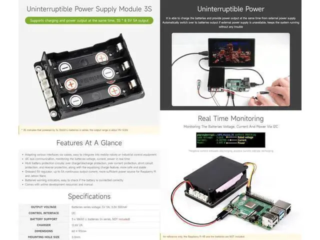 Alt view image 3 of 7 - Uninterruptible Power Supply (UPS) Module, Supports Charging and Power Output at The Same Time, 3S & 5V 5A Output, Compatible with Raspberry Pi Board