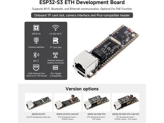 Alt view image 3 of 7 - ESP32-S3 ETH Development Board, 10/100Mbps RJ45 Ethernet Port, Wi-Fi & BT Support, 240MHz Dual Core Processor, Onboard Type-C Port and TF Card Slot, PoE Module