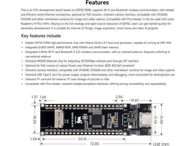 Alt view image 7 of 7 - ESP32-S3 ETH Development Board, 10/100Mbps RJ45 Ethernet Port, Wi-Fi & BT Support, 240MHz Dual Core Processor, Onboard Type-C Port and TF Card Slot, PoE Module
