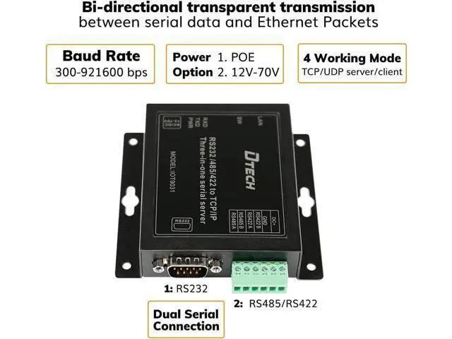Alt view image 4 of 6 - DTECH Serial to Ethernet Converter Adapter RS232 RS422 RS485 to TCP IP Device Server Supports DHCP DNS Modbus RTU/TCP 10/100M Power Over Ethernet POE Be the first to review this product...