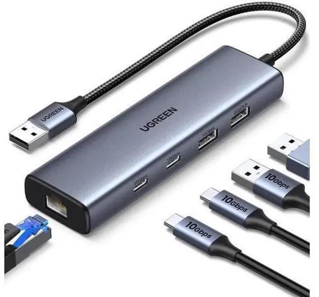Main image of UGREEN 5-in-1 Multiport USB-C Hub with Gigabit Ethernet, 2×USB-C 3.2 Gen2 10Gbps + 1×USB-A 3.2 Gen2 + 1×USB 2.0 + RJ45 Gigabit LAN Adapter for MacBook Pro/Air, Dell XPS & USB-C Laptops