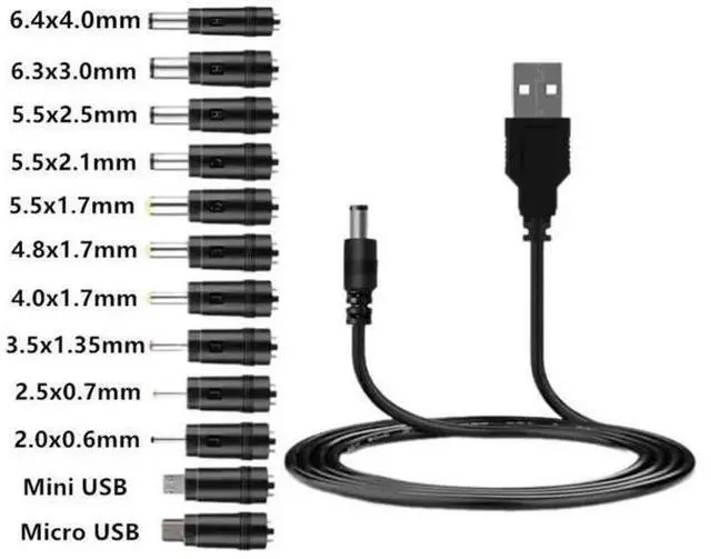 Main image of Universal USB to 5V DC Power Cable with 5.5×2.1mm Jack, Equipped with 12 Interchangeable DC Plugs, Includes Micro USB & Mini USB Adapters