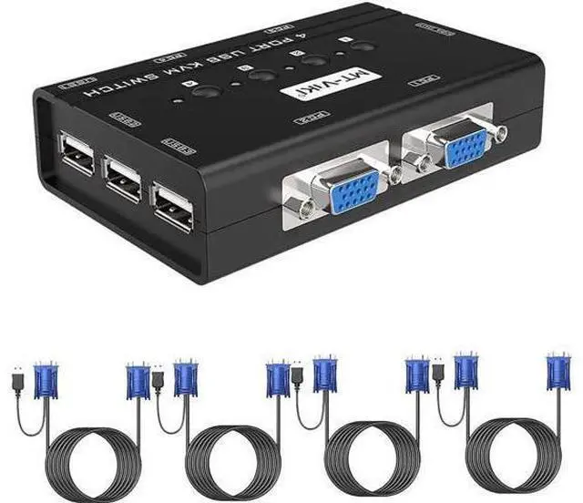 Alt view image 6 of 6 - 4-Port VGA KVM Switch, 4 PCs Share One Monitor, Keyboard, Mouse & Printer, Built-in 3 USB2.0 Ports, Comes with 4 VGA KVM Cables