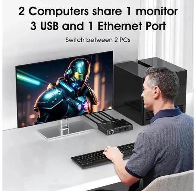 Alt view image 4 of 6 - 2 Port HDMI KVM Switch with Ethernet, 4K 60Hz 2-in-1 Out KVM Console, Share Monitor, Keyboard, Mouse & 3 USB Peripherals for 2 PCs