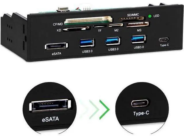 Main image of 5.25 Inch Internal Multi-Function Front Panel Media Card Reader, Built-in USB 3.0, USB-C, eSATA Port, Supports CF/SD/MS/XD/M2/MS Pro Duo Memory Cards for Desktop PC Optical Drive Bay