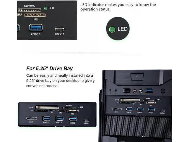 Alt view image 3 of 5 - 5.25 Inch Internal Multi-Function Front Panel Media Card Reader, Built-in USB 3.0, USB-C, eSATA Port, Supports CF/SD/MS/XD/M2/MS Pro Duo Memory Cards for Desktop PC Optical Drive Bay