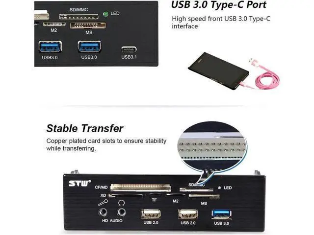 Alt view image 5 of 5 - 5.25 Inch Internal Multi-Function Front Panel Media Card Reader, Built-in USB 3.0, USB-C, eSATA Port, Supports CF/SD/MS/XD/M2/MS Pro Duo Memory Cards for Desktop PC Optical Drive Bay