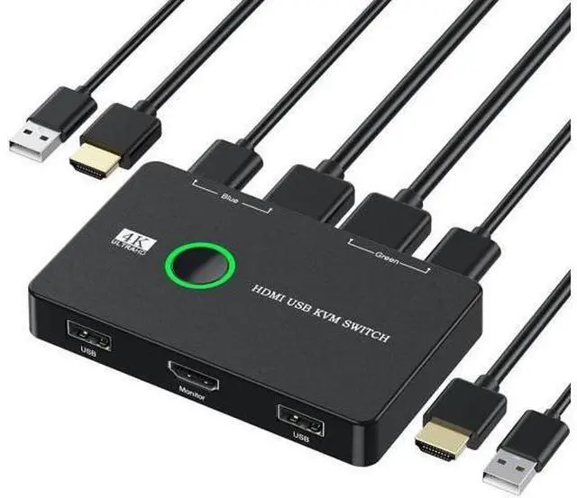 Main image of 2 Port HDMI KVM Switch 4K@60Hz, 2 PCs Share One HD Monitor, Keyboard, Mouse & Printer, Equipped with 2 HDMI Cables and 2 USB Cables