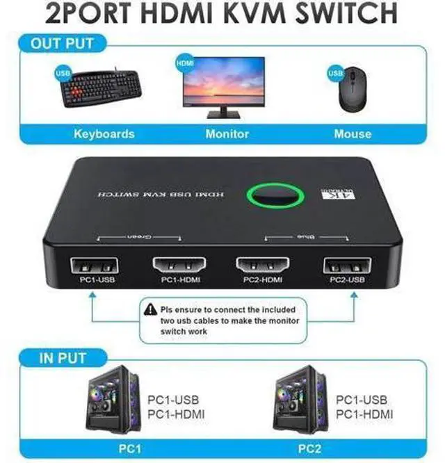 Alt view image 3 of 6 - 2 Port HDMI KVM Switch 4K@60Hz, 2 PCs Share One HD Monitor, Keyboard, Mouse & Printer, Equipped with 2 HDMI Cables and 2 USB Cables