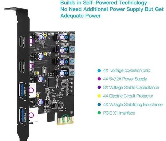 Alt view image 2 of 5 - PCIe x1 4-Port USB 3.2 Gen1 Expansion Card (2 USB-A + 2 USB-C), 5Gbps PCI Express USB 3.0 Hub Add-On Card, Compatible with Windows XP/7/8/10 & Mac OS 10.8.2 and Above