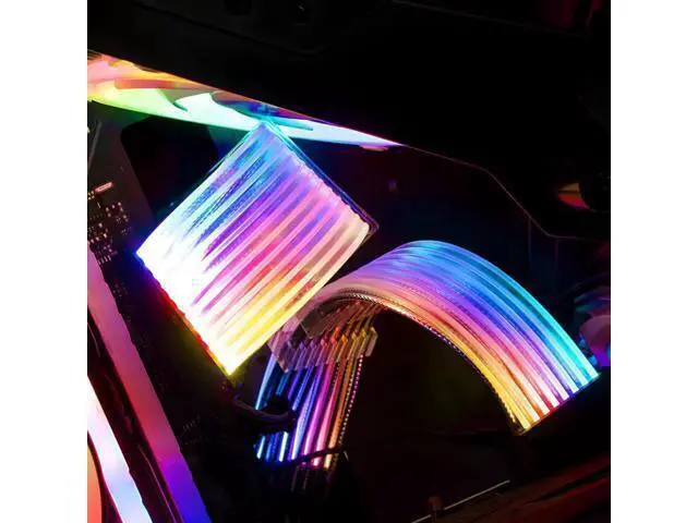 Alt view image 4 of 7 - White 24Pin ATX ARGB PSU Extension Cable, Aluminum Foil Braided Jacket, Ribbon Fiber Optic Light Design with 24 LED Beads, 5V 3-Pin Addressable RGB Sync Motherboard Power Cord