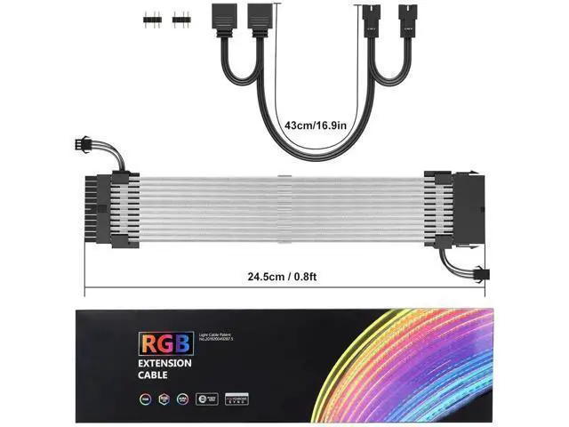 Alt view image 6 of 7 - White 24Pin ATX ARGB PSU Extension Cable, Aluminum Foil Braided Jacket, Ribbon Fiber Optic Light Design with 24 LED Beads, 5V 3-Pin Addressable RGB Sync Motherboard Power Cord