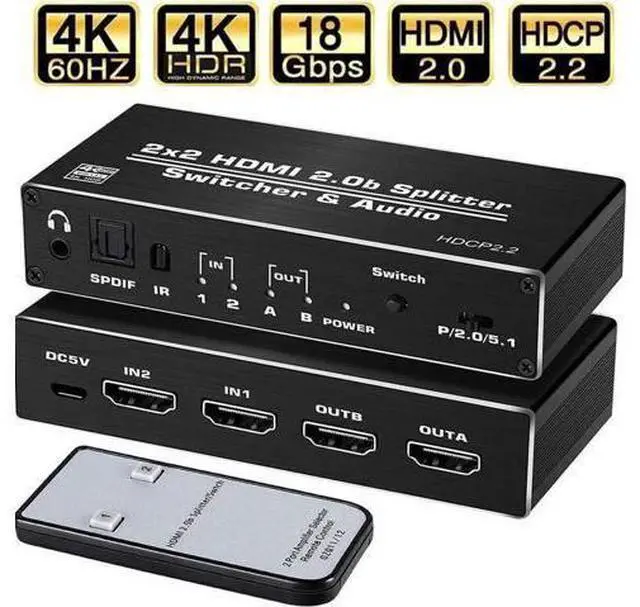 Main image of 2x2 HDMI Matrix Switch with Audio Extractor HDMI 2.0b 4K@60Hz HDR HDCP2.2 Optical SPDIF 3.5mm AUX Audio Output RGB4:4:4 Video Converter Splitter