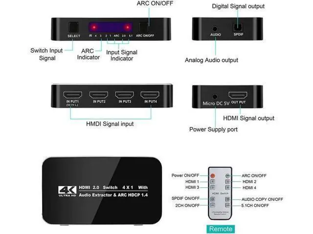 Alt view image 3 of 7 - 4 In 1 Out 4K HDMI Switch with Audio Extractor, Support ARC, IR Remote & HDR, HDMI Splitter Switcher for PS3 PS4 HDTV