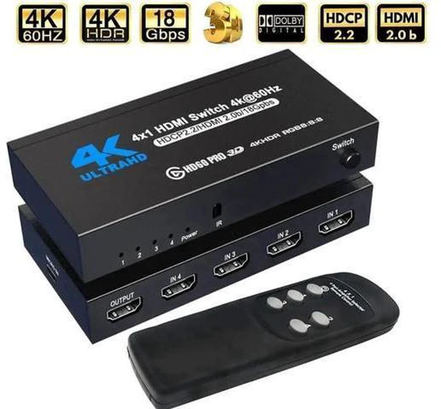 Main image of 4 Port HDMI Switch 4 in 1 Out 4K@60Hz with IR Remote Control HDMI Selector Hub Support 3D HDCP2.2 for PS4 Xbox Fire TV Apple TV STB DVD Roku