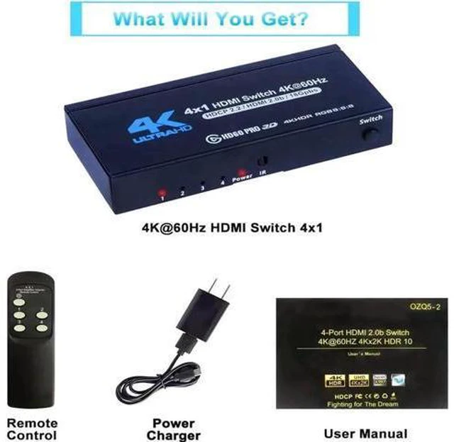 Alt view image 3 of 6 - 4 Port HDMI Switch 4 in 1 Out 4K@60Hz with IR Remote Control HDMI Selector Hub Support 3D HDCP2.2 for PS4 Xbox Fire TV Apple TV STB DVD Roku