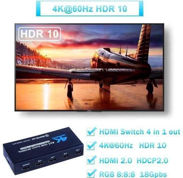 Alt view image 5 of 6 - 4 Port HDMI Switch 4 in 1 Out 4K@60Hz with IR Remote Control HDMI Selector Hub Support 3D HDCP2.2 for PS4 Xbox Fire TV Apple TV STB DVD Roku