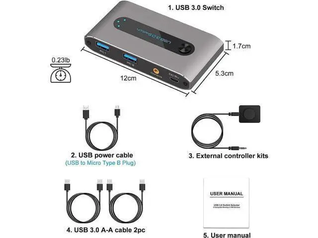 Alt view image 3 of 7 - 2-In-4-Out USB 3.0 KVM Switch, Allow 2 Computers to Share 4 USB Peripherals, Equipped with Wired Desktop Controller & 2pcs USB 3.0 A-A Cables Included