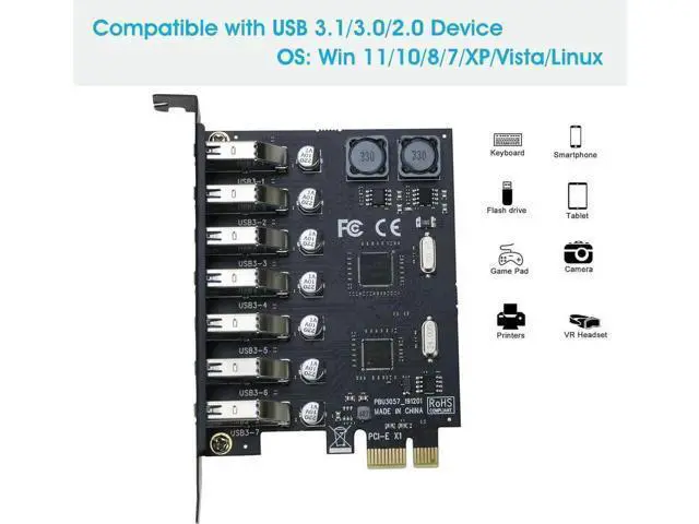 Alt view image 3 of 7 - RIITOP PCIe X1 7-Port USB 3.0 Expansion Card, PCI Express 7 External USB3.0 Hub Adapter, 5Gbps High Speed, No Extra SATA Power Required for Desktop PCs