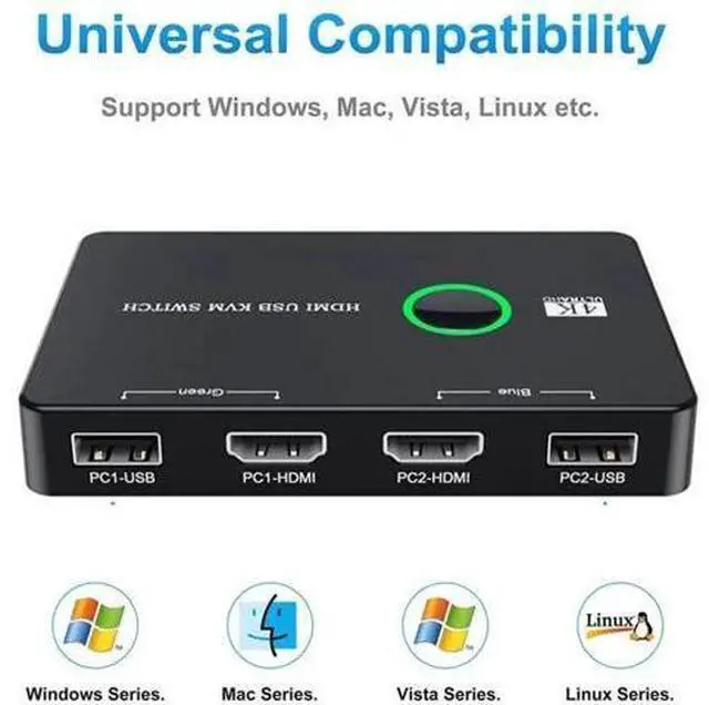 Alt view image 5 of 6 - 2 Port HDMI KVM Switch 4K@60Hz, 2 PCs Share One HD Monitor, Keyboard, Mouse & Printer, Equipped with 2 HDMI Cables and 2 USB Cables